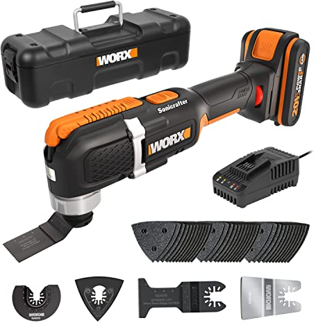 WORX Outil oscillant multifonctions sans fil 20V WX696, Puissant 5000/6000 tr min, grand angle d'oscillation 3,6°, changement de lame facile, léger, livré avec 1 batterie 2Ah et chargeur rapide