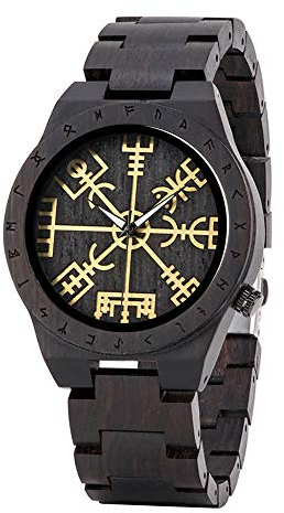 YCYR Herren Holzuhren, Nordische Wikinger Rune Vegvisir Vintage Quarzuhr, Unisex Verstellbares Holzarmband Handwerk Lässig Armband Geschenk,Schwarz