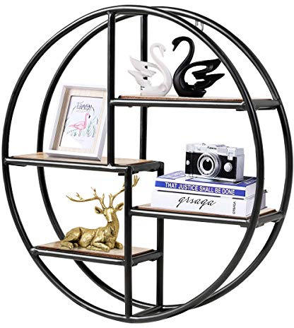 COSTWAY Wandregal Rund, Hängeregal mit 4 Böden, Metallregal Holz, kreisförmiges Bücherregal für Schlafzimmer, Wohnzimmer, Küche und Büro 55x55x11cm