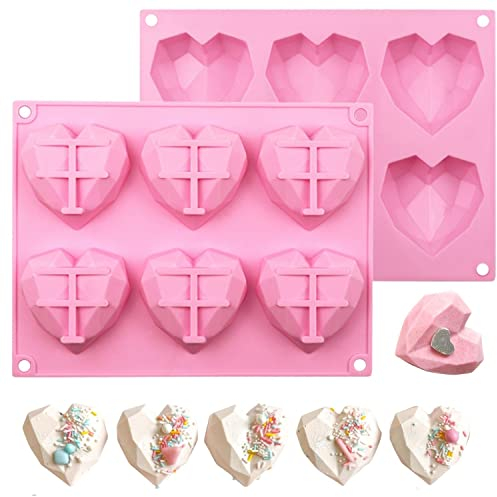 Moldes de chocolate de silicona en forma de corazón 3D para el día de San Valentín, 6 cavidades, antiadherentes, fáciles de liberar, moldes en forma de corazón de diamante para bomba de