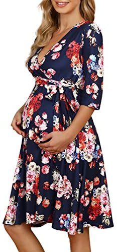 KOJOOIN Robe de maternité Femme Robe de Grossesse pour Femme Enceinte Robe d'allaitement col V Manches Longues avec Ceinture,fleurs01,XXL