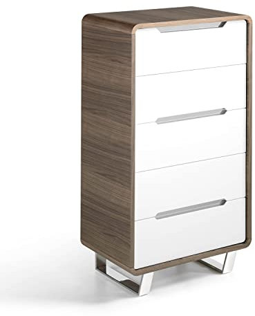 Angel Cerdá - Chiffonnier en Bois de Noyer et Laqué Blanc Brillant - Commode Étroit et Haute avec 5 Tiroirs et Fermeture Soft-Closing - Grand Espace de Rangement - 60 x 39 x 108 cm