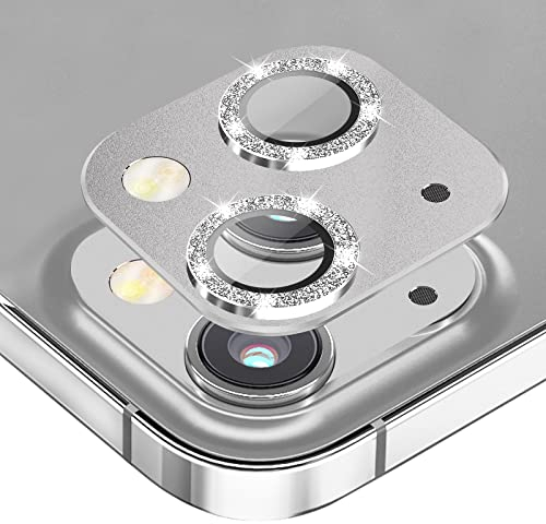 Diruite 2-Stück Kamera Linse Schutzfolie Kompatibel mit iPhone 13/13 mini, Glas Aluminium Rand [Glitter Diamonds] Kamera Linse Displayschutz für iPhone 13/13 mini Kameraschutz-Silber