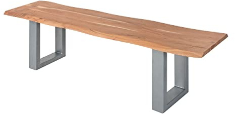 SAM Esszimmerbank 180x42 cm Chicago, Akazienholz naturfarben, Massive Holzbank mit echter Baumkante, Baumkantenbank mit U-Gestell Silber, Sitzbank mit 26 mm Platte