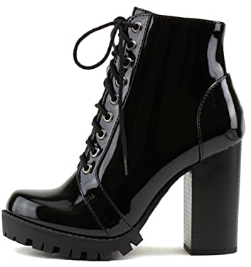 Soda Chalet – Fashion Lace up Military Inspired Ankle Boot with Stacked Heel and Side Zipper (Black Patent, 8)