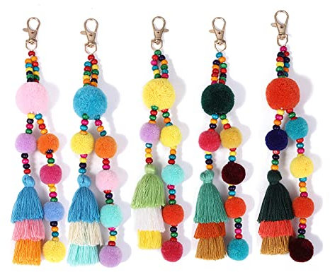 CAOMEI Taschenanhänger Bommel Bunt,Haarball Quaste Keychain Hängende Anhänger Flauschige Kunstpelz Ball Keyring -Tasche Accessoires Für Frauen Mädchen (5 Pcs Kombination)