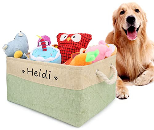 Cuperay Personalisierte Aufbewahrungskorb mit Namen und Muster, Faltbar Hunde Spielzeugkorb mit Baumwollgriff, Aufbewahrungsbox für Die Organisation Von Lebensmitteln Kleidung und Hundezubehör(Grün)