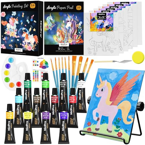 Nicpro Kit de peinture 34 pièces pour enfants avec toile à motifs, kit de fournitures de peinture artistique avec 12 peintures acryliques, 10 pinceaux, 6 panneaux de toile, chevalet de table, bloc de
