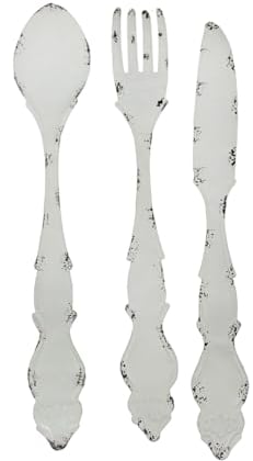 Arte de pared de cuchillo, tenedor y cuchara de metal con acabado blanco rústico: juego de utensilios decorativos para decoración de cocina de granja, 76 cm de alto, encanto vintage y elegancia para