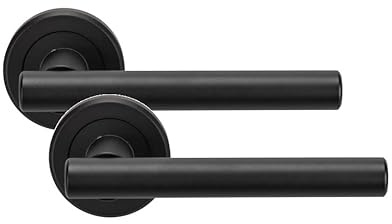 Golden Grace Straight T-Bar Door Handles on Rose, Matt Black, 1 Pair | Supplied with a spindle and screws for easy fitting, this metal set offers a tidy concealed look for interior doors.