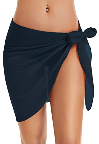 Badeanzug für Damen, Sarong, Strand, Bikini, durchscheinend, kurzer Rock, Chiffon-Schal für Bademode, Dunkelblau, XL