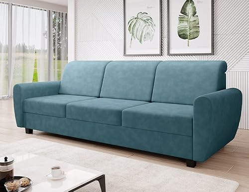 MODERNO Sofa mit Schlaffunktion und Bettkasten Milo - Sofa mit 3 Sitzen - Schlafcouch Wohnzimmer - Schlafsofa mit Kopfkissen und Holzfüße - Modern Couch 233x92x87 cm - Türkis - Soro 86