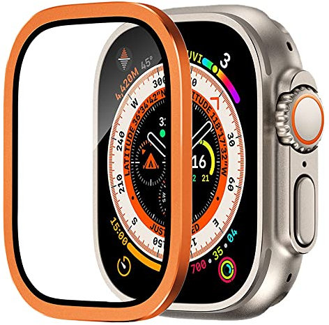 Displayschutz für Apple Watch Ultra /Ultra 2 49mm 9H gehärtetes Glas-Titanlegierung Rahmen halten Original Touch Sensitive Schutzglasfolie Anti-Kratzer wasserdichter Schutz für iwatch Ultra (Orange)