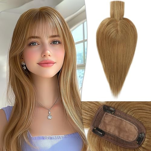 RUWISS Echthaar Hair Topper für Frauen Krone Toppers With Pony Kurze Perücken Haarteile für Dünnes Haar 7.5 * 13CM Silk Base 100% Echtes Menschliches Haar Clip in Topper 35 CM 45g (Hellbraun)