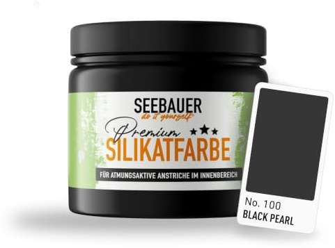 SEEBAUER diy Silikatfarbe Schwarz 300ml für Innen (No. 100 Black Pearl) Atmungsaktive Mineralfarbe für Allergiker - Abwaschbare Wandfarbe - Schwarztöne hohe Deckkraft