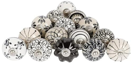 Art Of Creation Black and White Ceramic Door Knobs Flower Assorted Handmade Design Vintage Door Knob Look Shabby Chic Interior Cabinet Cupboard Drawers Pulls Handles (Pack of 20)