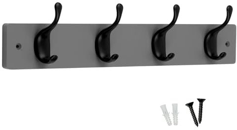 Keypak 4 Matte Black Coat Hooks on Grey Wooden 46cm Board - Modern Wall Door Mounted Coat Rack Clothes Hanger