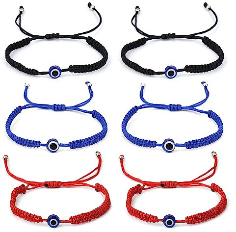 SAVITA 6pcs Bracelet Mauvais Oeil, Fait Main Bracelet Porte-Bonheur Bracelet Réglable Bonne Chance Bijoux Mauvais Oil Chanceux pour Femmes Hommes Filles Garçons (Rouge, Noir, Bleu)