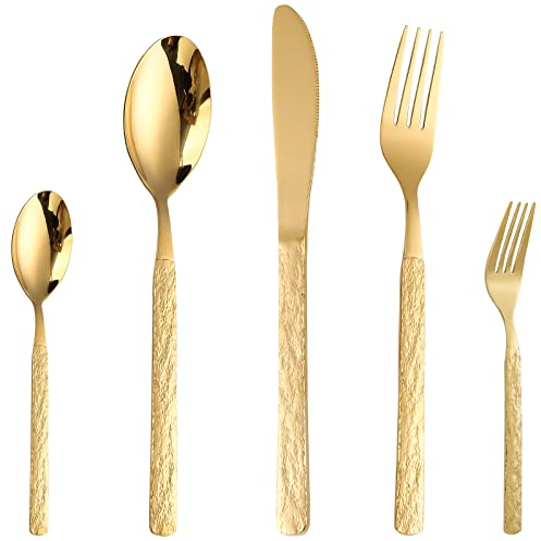 CAOPAOTI Goldenes Edelstahl Besteckset, Besteck Gold 12 Personen, Muster Design Essbesteck Set 60 teilig, Geschirrset mit Messer Gabel Löffel, Spülmaschinenfest