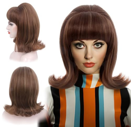 REEWES Braune 60er Jahre Retro Bienenstock Perücken für Frauen 70er Jahre Klassischer Stil Cosplay Perücke mit Knall für Party, Halloween, Kostüm, Cosplay (Braun Highlight)
