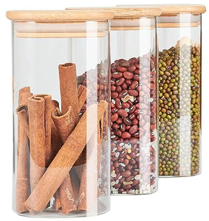 NAVACALA Square Glass Storage Jars with Lids 700ML Set of 3 - High Borosilicate Glass Airtight Kitchen Food Canisters Cylinder Clear Preserving Seal Containers with Lid 700ml