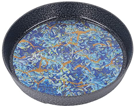 Round Decorative Coffee Tray, 5 Inches Anti-Fall Country Alloy Small Serving Circle Tray with Raised Edge Multi-Color Complex Art Pattern Tea Table Decoration for Home Study Terrace Porch Deck