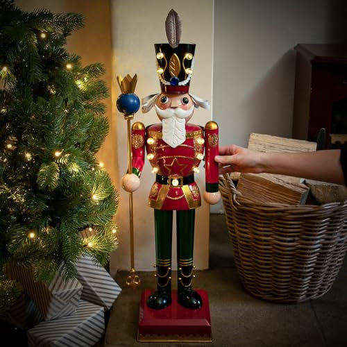 Festive Lights - Figura de Navidad de 80 cm, funciona con pilas, estilo tradicional rojo y blanco con LED InLit, pintado a mano, de metal