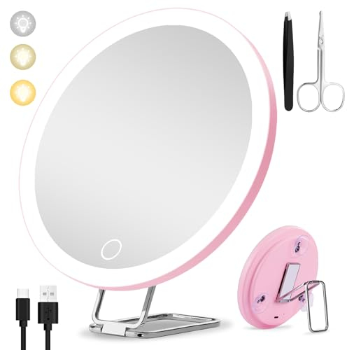 Suupvaor 30x Vergrößerungsspiegel mit Licht 30fach, 15cm großer 3 Farben dimmender beleuchteter 30x Reisevergrößerungsspiegel mit Saugnäpfen und Tischständer, Makeup-Spiegel mit hoher Vergrößerung