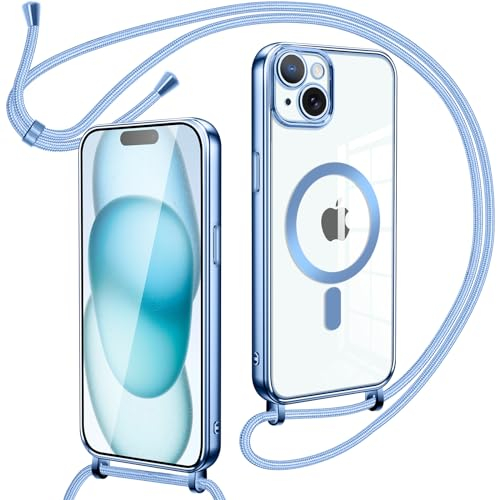 Oelrstfe Cover Trasparente con Cordino per 𝐢𝐏𝐡𝐨𝐧𝐞 𝟏𝟓 con Magnetico, Custodia Sottile Morbido Silicone con Laccio Collana Tracolla Regolabile Antiurto Case con Collana per iPhone 15 - Blu