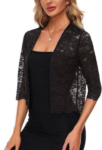 MINTLIMIT Open Front Cardigan Women Lace Bolero Jackets 3/4 Sleeve Shrugs Casual Elegant (Black L)