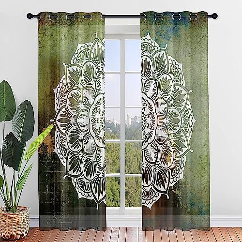 ENEN 2er Set Scheibengardinen, Modern Halbtransparent Bistrogardine, Mandala Schlaufengardinen Gardinen Küche, Türgardine für Kleine Fenster Küche Wohnzimmer Landhaus (107x213cm,Dschungel)
