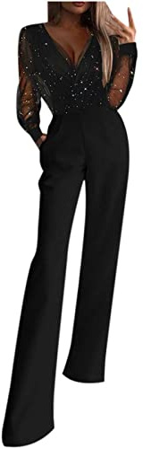 Arestory Women's Sequins Jumpsuit UK Clearance Mesh Playsuit Ladies V-Neck Jumpsuits Patchwork Overalls Mesh Long Sleeve Bodysuit with Pockets Workwear Bodycon Rompers Sexy Wide Leg Pants Catsuit