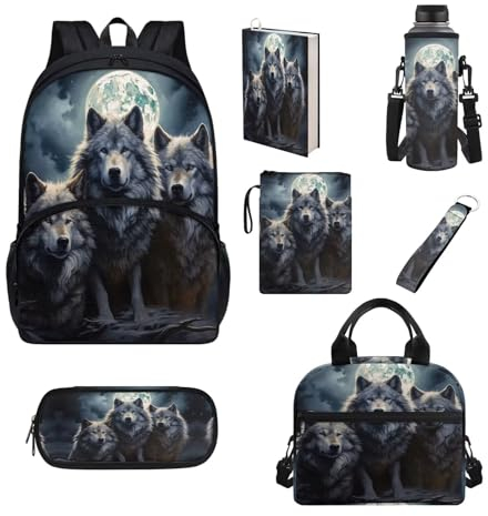 Belidome Rucksack-Set für Jungen und Mädchen, 7-teilig, Schultasche und Lunchtasche für Grundschule, große Kapazität, wolf, Einheitsgröße, Schulranzen-Set