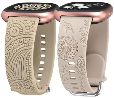 TOYOUTHS 2 Stück Floral Gravierte Armband kompatibel mit Fitbit Versa 4/Versa 3/Sense 2/Sense Armband, Sport Solo Loop Silikon Boho Henna/Löwenzahn Blume Cute Versa 4 Armbänder, Polarstern/Nussbaum