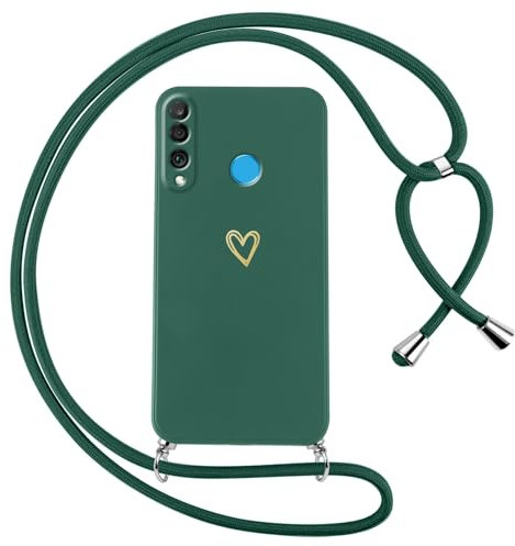 Oelrstfe Funda para Huawei P30 Lite/Nova 4e con Cuerda,Carcasa Silicona Suave con Patrón de Corazón con Correa Cordón Colgante Collar Ajustable,Antigolpes Anti-Arañazos Cuello Cadena Case,Verde
