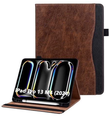 ONETHEFUL Coque pour iPad Pro 13 Pouces Hülle (M4) 2024 Tablette Housse de Protection Étui Porte-Stylo Support Multi Angles en Cuir PU pour iPad Pro 13 Marron