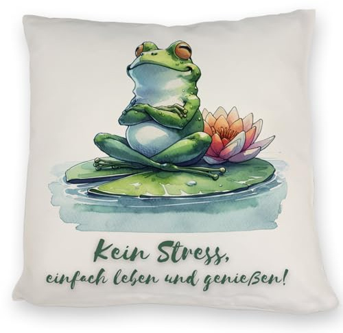 Frosch auf Seerose Kissen mit Spruch Kein Stress einfach Leben und genießen Perfekt gegen Stress lustig sitzend auf der Seerose am See für mehr Fröhlichkeit im Leben