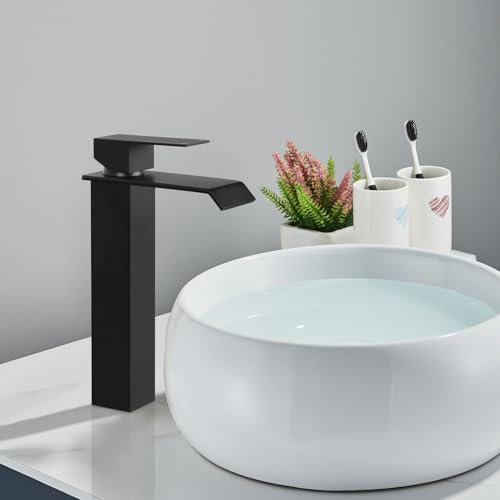 PHASAT Grifo Lavabo Negro Cascada Grifo Alto Monomando en Acero Inox Mezclador Baño Ajustable Agua Caliente y Fría PTMP16B