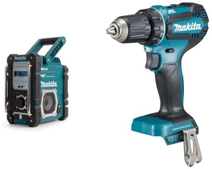 Makita DMR112 Akku-Baustellenradio 7,2 V - 18 V mit DAB+ und Bluetooth (ohne Akku, ohne Ladegerät), türkis & DDF485Z Akku Bohrschrauber 18 V (ohne Akku, ohne Ladegerät), Blau, Silber