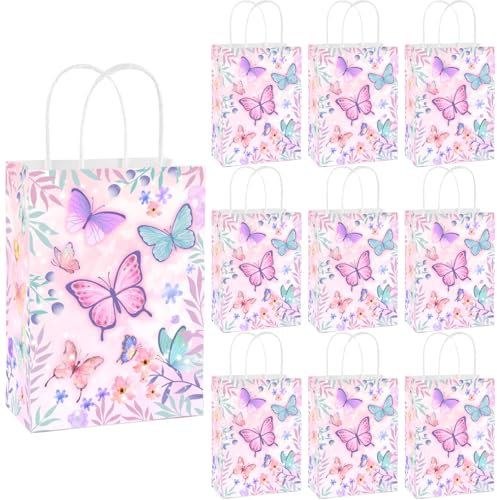 10 Stück Schmetterling Party Taschen,Schmetterlings Geschenktüten,Schmetterling Papiertüten mit Henkel,Mädchen Geburtstag Geschenktüten,Schmetterlinge Gastgeschenke Tüten,Geschenktüten Bunt