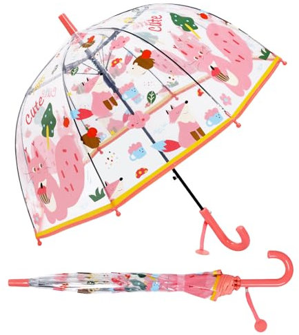 Regenschirm Kinderschirm Stockschirm, Windsicher Robustheit Regen Regenschirm Transparent, Kinderregenschirm Durchsichtig Junge Mädchen, Kuppel-Blasenschirm Durchmesser=70cm Rosa Eichhörnchen