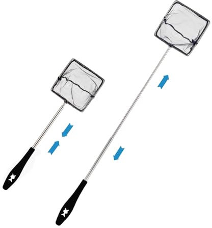 Retino Acquario con Manico Telescopico, Retino da Pesca in Acciaio Inox, per Catturare Piccoli Pesci e Gamberetti e Pulire L'acquario, Versione di Aggiornamento - 10 cm, Regolabile da 31-61cm, Nero