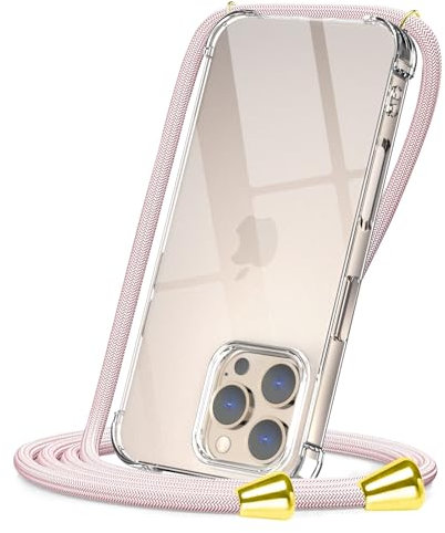 CAROKI Crossbody Case for iPhone iPhone 16 Pro,Necklace Mobile Phone Cover with Cord Strap Clear Transparent TPU Soft iPhone iPhone 16 Pro Cover Holder with Neck Cord Lanyard Strap-Rose Gold