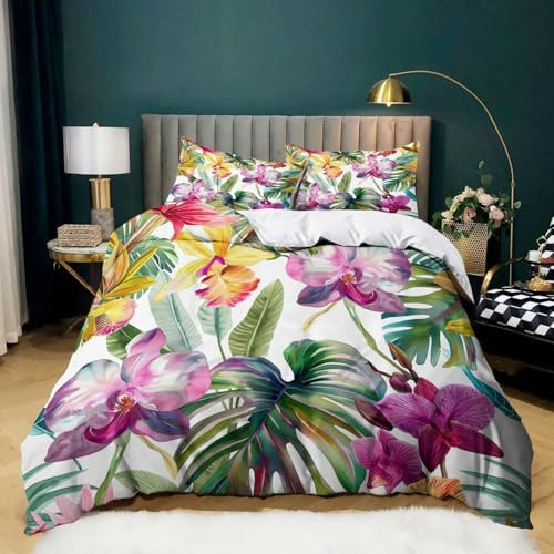 Aquarellmalerei Bettwäsche 135x200 Tropische Blumen und Orchideen Bettwäsche Set 3D Bedruckte Bettbezug Einfache Pflege 3-Teiliges Mikrofaser mit Reißverschluss 1 Bettbezug und 2 Kissenbezug