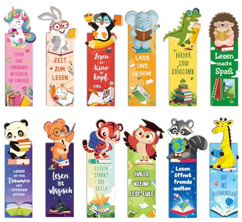 BETESSIN Lesezeichen Papier - 24 Stück Tiere Lesezeichen mit Sprüchen über das Lesen - Lesezeichen Kinder Einschulung - Mitgebsel Kindergeburtstag - Kleine Geschenke für Schüler und Buchliebhaber