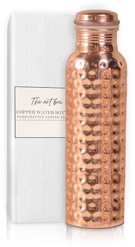 THE ART BOX Botella de agua de cobre martillado de 1 litro, extragrande, un recipiente ayurvédico de cobre puro, bebe más agua, reduce tu ingesta de azúcar y disfruta de los beneficios para la salud