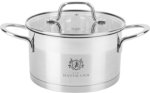 KARL HAUSMANN Faitout Inox 18/10 Induction 2,6 L Ø 18 cm | Petite Marmite tous Feux, 2 L utile, couvercle en verre, graduation et fond encapsulé à 5 couches