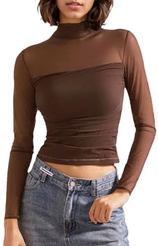 EMOTTOS Women Patchwork Sheer Mesh Crop Tops, Sexy Ruched Lace Top Turtle Neck T-Shirts, Stylish Slim Fit Top Going Out Clubbing Party Sexy See-Through Shirt for Girls, Black/White/Brown, S-L