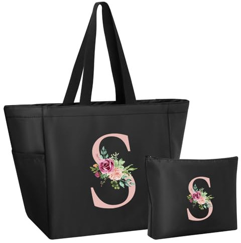 Ysound Initialen Tragetasche Damen, Personalisiert Handtasche Frauen, Schwarz Tote Bag Set, Einkaufstasche und Kosmetiktasche Geschenk für Frauen Freundin Braut Brautjungfern Geburtstag, Hochzeit (S)