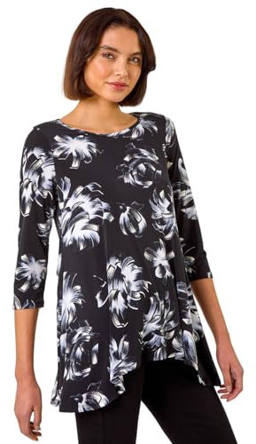 Roman Originals Floral Print Hanky Hem Stretch Top for Women UK - Ladies Everyday Holiday Spring Summer Round Neckline Comfy Soft Evening Vacation Work Party - Noir - Size 10